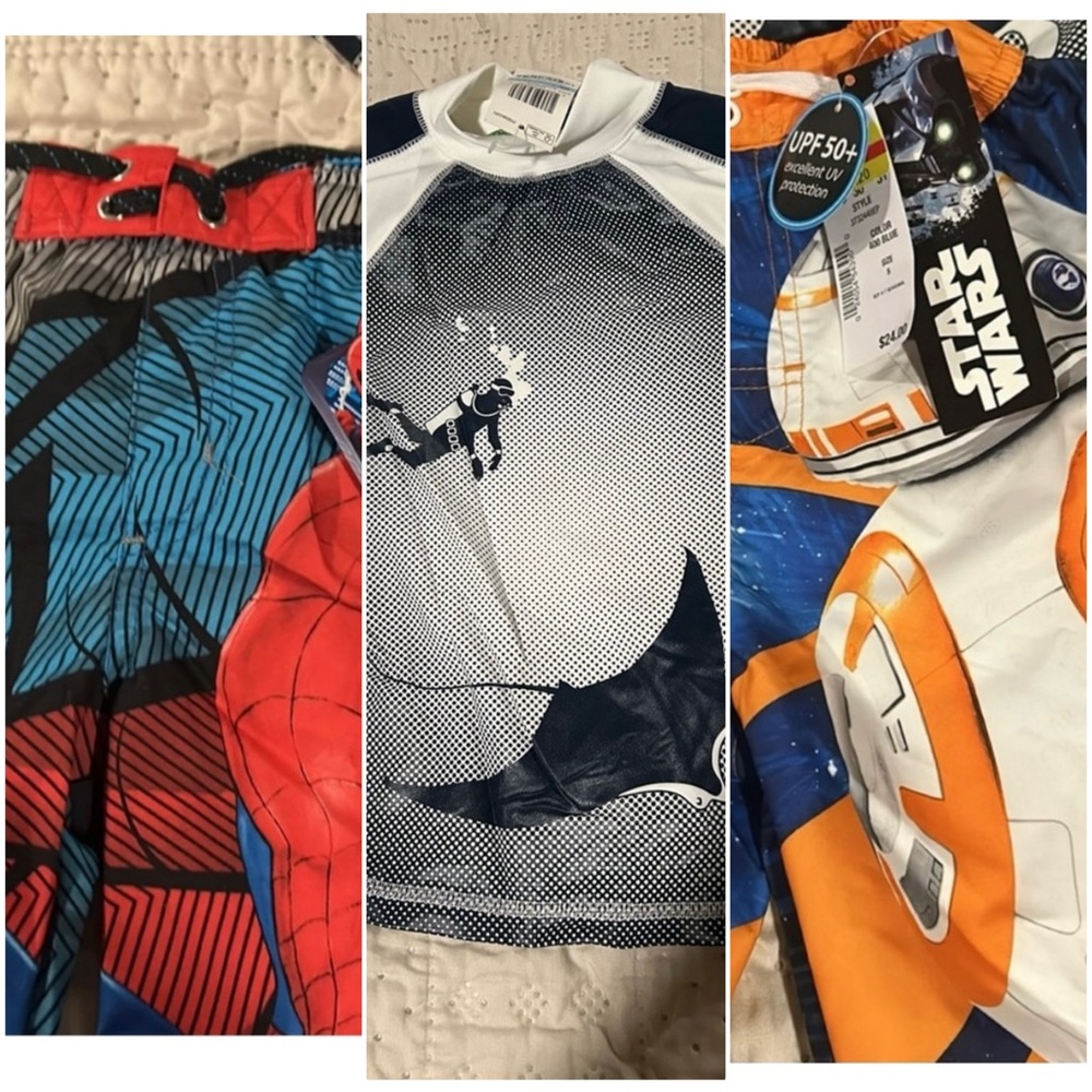 NWT 3 Swim 1 Marvel Spider-Man Swim  Red 1 BB8 Swim Shorts & 1 Shark Rash Guard
